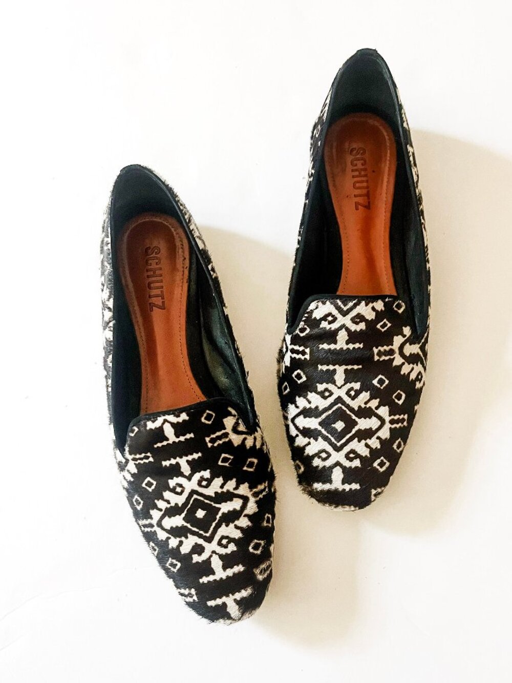 SCHUTZ Calf Hair Loafers, Black/White, Size 8B